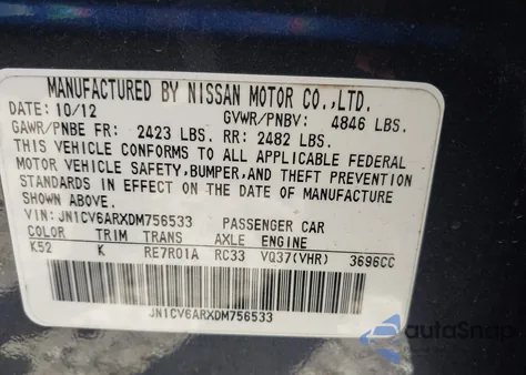 2013 Infiniti G37X z USA, uszkodzony, nr VIN JN1CV6ARXDM756533